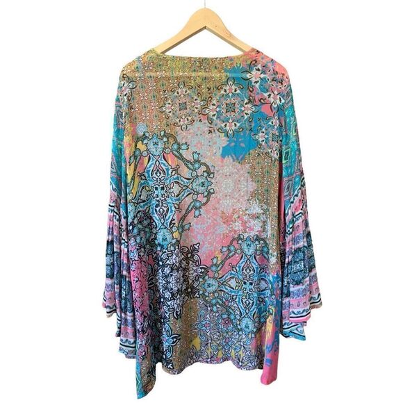 SAACHI Ruffle Printed Open Kimono Blue, Pink One Size - Picture 5 of 12